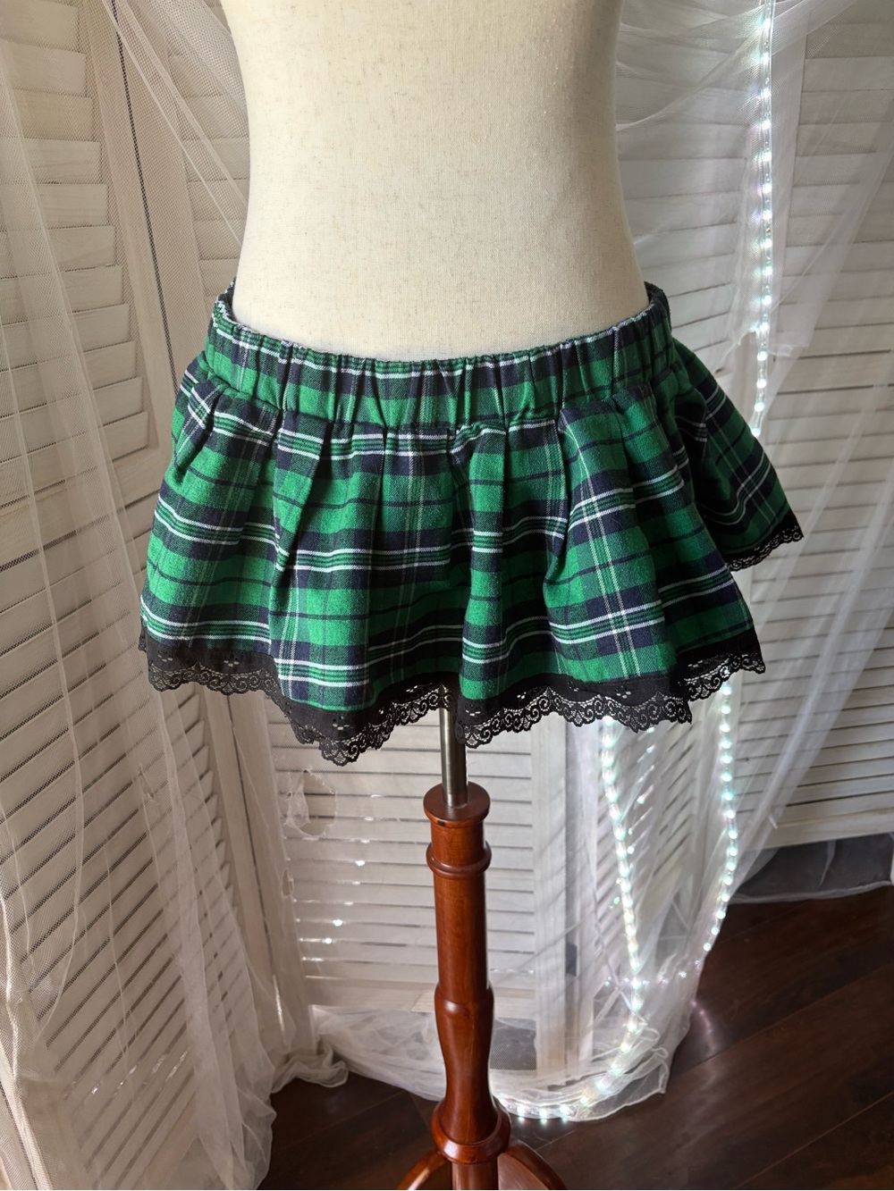 Green Plaid Mini Skirt with Black Lace Hem